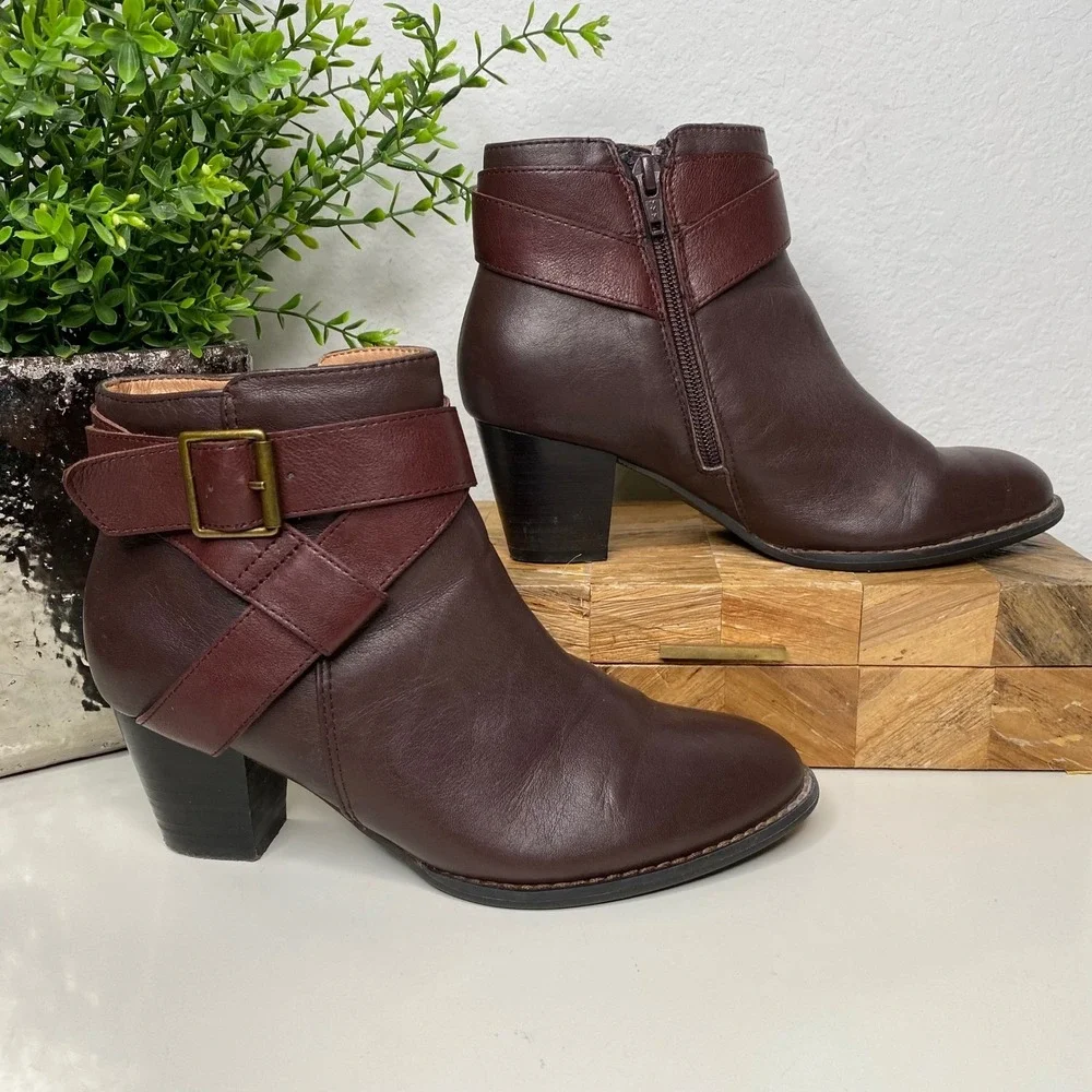 Vionic Trinity Burgundy Leather Ankle Boots‎ Side Zip Cottagecore Size 9